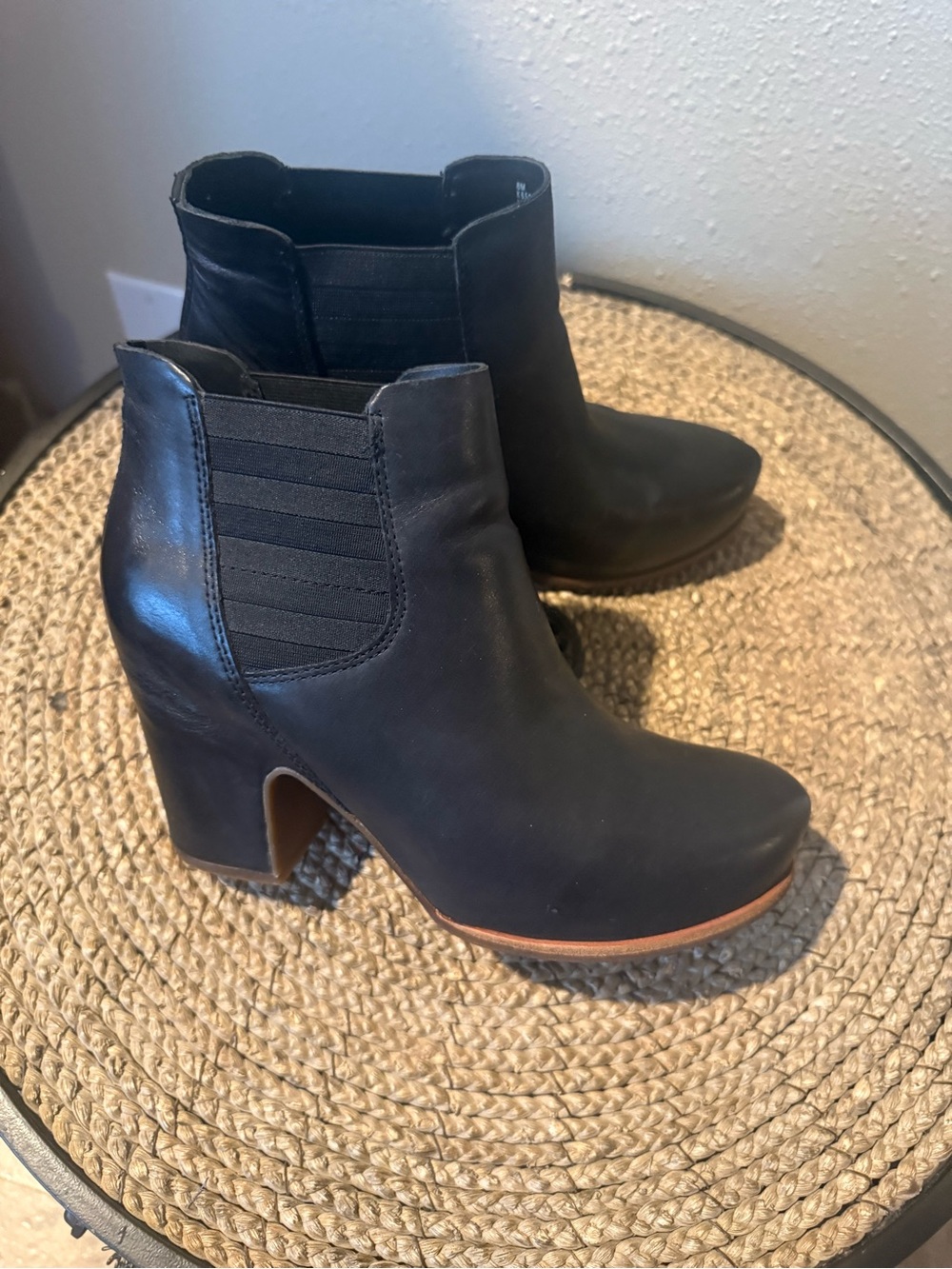 Kork-Ease Black Leather Elastic-Side Ankle Booties with Block Heel